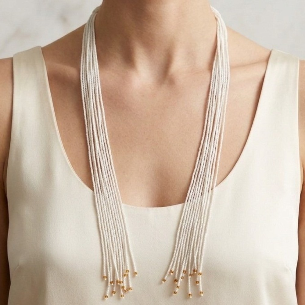 Multi-Strand White Seed Bead Lasso Necklace with Delicate Amber Crystal Accents